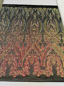 Big Damask Sequins Fabric - Royal Iridescent - 4 Way Stretch Damask Sequins Design Fabric By Yard