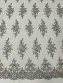Beaded Shiny Floral Cluster - Silver - Embroidered Luxury Floral Design by Yard