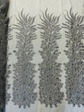 3D Beaded Peacock Feathers - Vegas Design Embroidered Sequins and Beads On a Mesh Lace Fabric - 15 Yard Roll