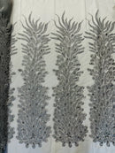 3D Beaded Peacock Feathers - Vegas Design Embroidered Sequins and Beads On a Mesh Lace Fabric - 15 Yard Roll