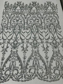 4 Way Stretch - Silver - Sequins Damask Design Fabric Embroidered On Mesh Sold By The Yard