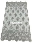 Round Flower Beaded Fabric - Silver - Embroidered Fashion Design Beads and Sequins On Mesh by The Yard