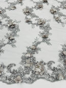 3D Lace Flower Fabric - Silver - Embroidered Sequins and 3D Floral Patterns on Lace By Yard