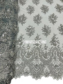 Round Flower Beaded Fabric - Silver - Embroidered Fashion Design Beads and Sequins On Mesh by The Yard
