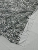 Long Wavy Pattern Sequins - Silver - 4 Way Stretch Sequins Fabric Line Design By Yard