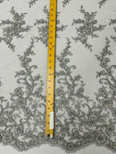 Beaded Floral Cluster - Silver - Fancy Embroidered Glamorous Floral Design Sold by Yard