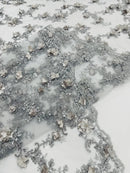3D Lace Flower Fabric - Silver - Embroidered Sequins and 3D Floral Patterns on Lace By Yard