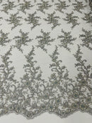 Beaded Floral Cluster - Silver - Fancy Embroidered Glamorous Floral Design Sold by Yard