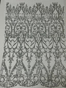 4 Way Stretch - Silver - Sequins Damask Design Fabric Embroidered On Mesh Sold By The Yard