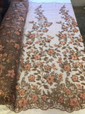 3D Pearl Floral Fabric - Floral Design Embroidered on Mesh Lace Fabric - 25 Yard Roll