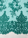 Damask Lace - Floral Damask Design Embroidered on Mesh Lace Fabric - 25 Yard Roll
