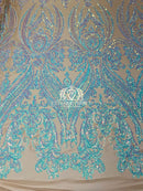 Big Damask Sequins Fabric - Aqua/Blue on Blush Mesh 1 - 4 Way Stretch Damask Sequins Design Fabric By Yard