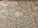 4 Way Stretch - Matte Gold - Sequins Damask Design Fabric Embroidered On Mesh Sold By The Yard
