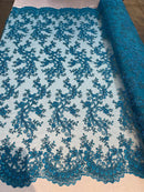 Lace Sequins Fabric - Corded Flower Embroidery Design Mesh Fabric - 25 Yard Roll