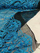 Damask Geometric Sequins - Turquoise on Black - 4 Way Stretch Sequins Damask Pattern Design Sold By Yard