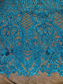 Damask Geometric Sequins - Turquoise on Black - 4 Way Stretch Sequins Damask Pattern Design Sold By Yard