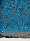 Damask Geometric Sequins - Turquoise on Black - 4 Way Stretch Sequins Damask Pattern Design Sold By Yard