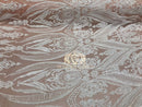 Big Damask Sequins Fabric - White on Nude - 4 Way Stretch Damask Sequins Design Fabric By Yard