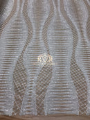 4 Way Stretch - White on Nude Mesh - Horizontal Line Design Sequins On Stretch Mesh By The Yard