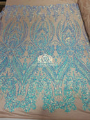 Big Damask Sequins Fabric - Aqua/Blue on Blush Mesh 1 - 4 Way Stretch Damask Sequins Design Fabric By Yard