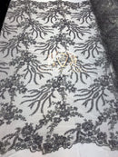 Beaded - Silver - Fancy Flower Design Sequins Fabric with Beads Sold By The Yard