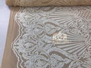 Sequins - White on Dark Nude Mesh - 4 Way Stretch Fancy Fabric Embroidered On Mesh Sold By The Yard
