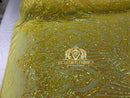 Iridescent Sequins - Yellow - 4 Way Stretch Damask Design Fabric On Stretch Mesh By The Yard