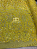 Sequins - Yellow - 4 Way Stretch Damask Design Fabric On Stretch Mesh By The Yard
