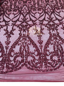 4 Way Stretch - Burgundy - Sequins Damask Design Fabric Embroidered On Mesh Sold By The Yard