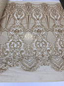 Sequins - Gold - 4 Way Stretch Fancy Fabric Embroidered On Mesh Sold By The Yard