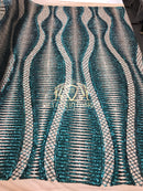 4 Way Stretch - Teal  - Horizontal Line Design Sequins On Stretch Mesh By The Yard