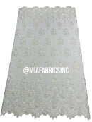 Round Flower Beaded Fabric - White - Embroidered Fashion Design Beads and Sequins On Mesh by The Yard