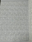 Metallic Floral Lace Fabric - White - Embroidered Sequins Floral Design Yard