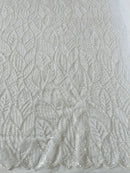 Beaded Leaf Designs Fabric - White - Embroidered Beads in Leaves Pattern Sold By Yard