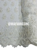 Round Flower Beaded Fabric - White - Embroidered Fashion Design Beads and Sequins On Mesh by The Yard