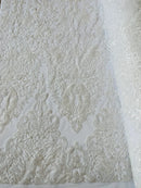 Beaded Fabric by yard - White - Damask Pattern With Beads and Sequin, Appliqué Lace for Bridal and Prom Dress