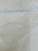 Floral Pattern Beaded Fabric - White - Embroidered Bead & Sequins Wedding Bridal Fabric Sold By The Yard
