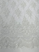 Beaded Flower Cluster Fabric - White - Embroidered Beaded Fancy Border Floral Fabric Sold By Yard