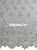 Round Flower Beaded Fabric - White - Embroidered Fashion Design Beads and Sequins On Mesh by The Yard