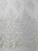 Beaded Flower Cluster Fabric - White - Embroidered Beaded Fancy Border Floral Fabric Sold By Yard
