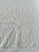 Beaded Leaf Designs Fabric - White - Embroidered Beads in Leaves Pattern Sold By Yard