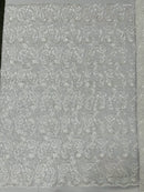 Metallic Floral Lace Fabric - White - Embroidered Sequins Floral Design Yard