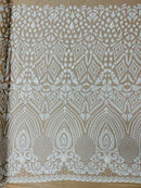 Geometric Pattern Sequins - White on Nude - 4 Way Stretch Colorful Shine Designer Sequins By Yard