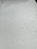 3D Pearl Floral Fabric - Floral Design Embroidered on Mesh Lace Fabric - 25 Yard Roll