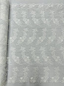 Floral Plant Cluster Fabric - White - Embroidered High Quality Lace Fabric Sold by Yard
