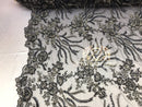 Beaded - Black - Fancy Flower Design Sequins Fabric with Beads Sold By The Yard