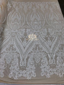 Big Damask Sequins Fabric - White on Nude Mesh - 4 Way Stretch Damask Sequins Design Fabric By Yard