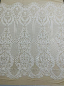 White Sequins Fabric on Nude Mesh, DAMASK Design Embroidered on a 4 way Stretch By The Yard