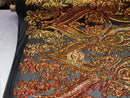 Big Damask Sequins Fabric - Orange on Black - 4 Way Stretch Damask Sequins Design Fabric By Yard