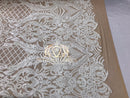 Sequins - White on Dark Nude Mesh - 4 Way Stretch Fancy Fabric Embroidered On Mesh Sold By The Yard